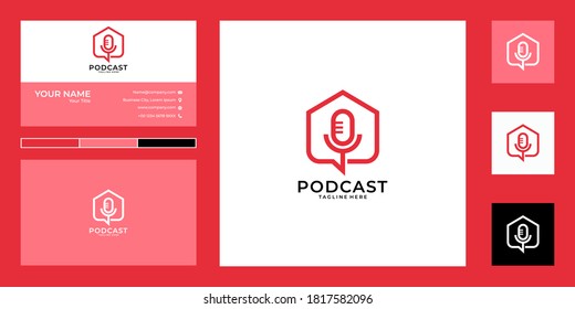 modern house and microphone logo design and business card. good use for podcast, music logo