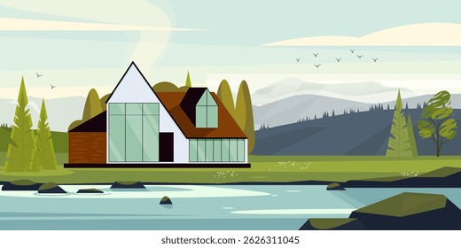 Modern house with mountain background located among lush greenery near river. Eco retreat. Real estate travel destination. Cartoon flat design. Vector illustration.