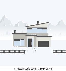 Modern House in Mountains. Vector illustration