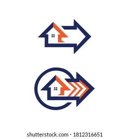 Modern house moving service logo. Silhouette of moved house design. For professional home and apartement agency or business brand, & raise up real estate company. Apply to web site, Adds, Apps icon