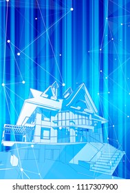 A modern house on a blue background surrounded by digital networks - an illustration of a smart eco-friendly home - the concept of modern information technology smart house or smart city / vector draw