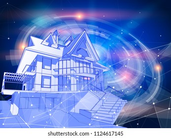 A modern house on a blue background surrounded by digital networks - an illustration of a smart eco-friendly home - the concept of modern information technology smart house or smart city / vector draw