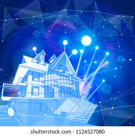 A modern house on a blue background surrounded by digital networks - an illustration of a smart eco-friendly home - the concept of modern information technology smart house or smart city. Vector draw