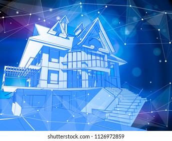 Ein modernes Haus auf blauem Hintergrund, umgeben von digitalen Netzwerken - ein Beispiel für ein intelligentes, umweltfreundliches Zuhause - das Konzept eines modernen intelligenten IT-Hauses oder einer intelligenten Stadt. Vektorgrafik