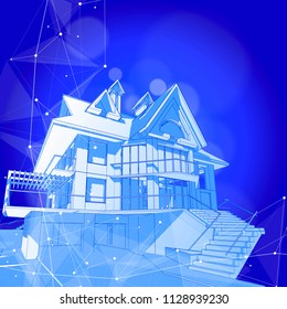 A modern house on a blue background surrounded by digital networks - an illustration of a smart eco-friendly home - the concept of modern information technology smart house or smart city. Vector draw