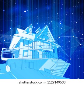 A modern house on a blue background surrounded by digital networks - an illustration of a smart eco-friendly home - the concept of modern information technology smart house or smart city. Vector draw