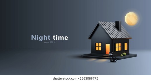 Modern house on a dark moonlit night and a cat near the porch, 3D. For concepts of cozy home, technology, magical events. Vector