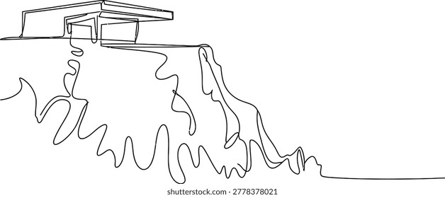 Modern house on a high mountain cliff drawn in a continuous single line art style Vector, illustration