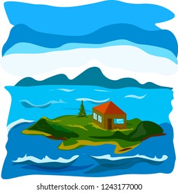 modern house on a lonely island in summer vector illustration
