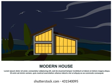 Modern house on nature background with green trees, grass, river and shrubs.Vector cottage with large windows and a pitched roof.