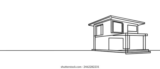 Casa moderna en estilo de dibujo continuo de una línea aislada sobre fondo blanco. Ilustración vectorial