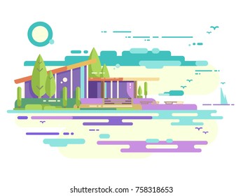 Modern house with panoramic windows . Apartment house with balcony and beauty view, architecture building. Vector illustration