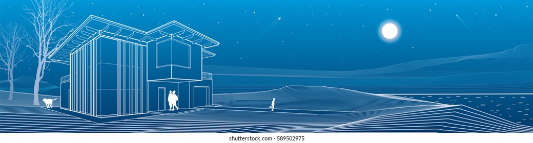 Modern house, people walking on sea shore. Mountains on background. Architecture and nature panorama, night scene, white lines, vector design art