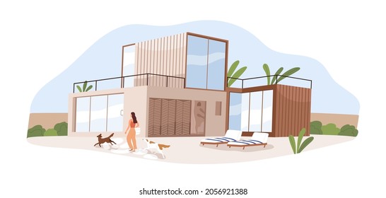 Modern house and person walking with dogs outside modular home. Residential building. Luxury mansion from glass with deckchairs outdoors. Colored flat vector illustration isolated on white background