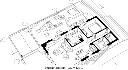  ilustración 3d del plan de casa moderno