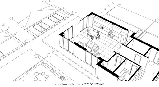 moderne Hausplan Skizze 3D-Illustration