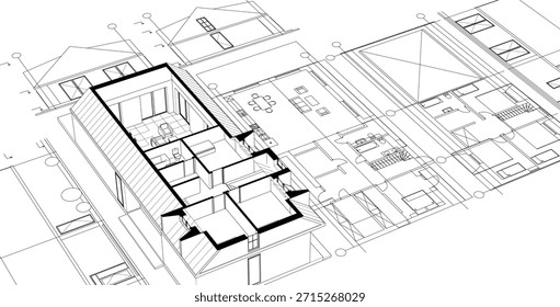  moderne Hausplan Skizze 3D-Illustration