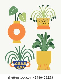 Modern House Plant Illustrations in Flat Vector Style. Monstera, Spider plant, Snake plant, Pothos, Peace lily, Fiddle leaf fig. Greenery Icons for Decor and Design