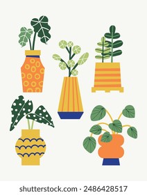 Ilustraciones de planta de casa moderna en estilo Vector plano. Monstera, planta de araña, planta de serpiente, Pothos, lirio de paz, higo de hoja de violín. Iconos verdes para decoración y diseño