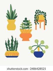 Modern House Plant Illustrations in Flat Vector Style. Monstera, Spider plant, Snake plant, Pothos, Peace lily, Fiddle leaf fig. Greenery Icons for Decor and Design