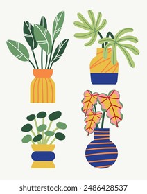 Modern House Plant Illustrations in Flat Vector Style. Monstera, Spider plant, Snake plant, Pothos, Peace lily, Fiddle leaf fig. Greenery Icons for Decor and Design