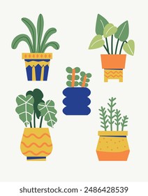 Modern House Plant Illustrations in Flat Vector Style. Monstera, Spider plant, Snake plant, Pothos, Peace lily, Fiddle leaf fig. Greenery Icons for Decor and Design