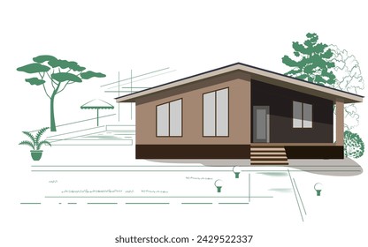 Modern house with pool and landscape sketch. Vector illustration.		
