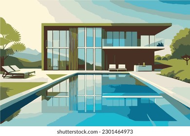 Modern house with pool. Vector illustration of a house with a swimming pool.