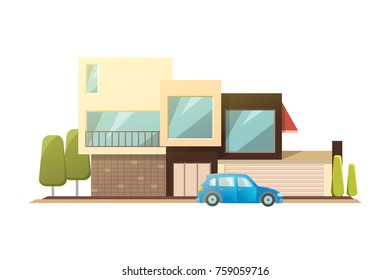 Modern house, real estate sign in flat style. Vector illustration