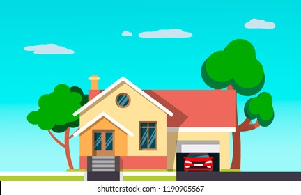 Modern house with the red car in garage. A new house awaits tenants.