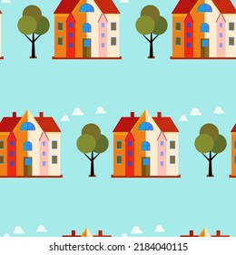 Modern house seamless pattern vector illustration background. Color flat house stylish texture. Repeating modern building seamless pattern background for house design and web
