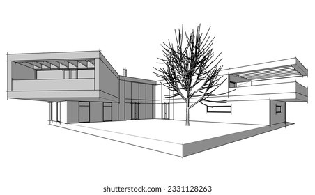 Modern house sketch 3d rendering