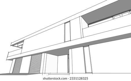 Representación en 3d del sketch de la casa moderna
