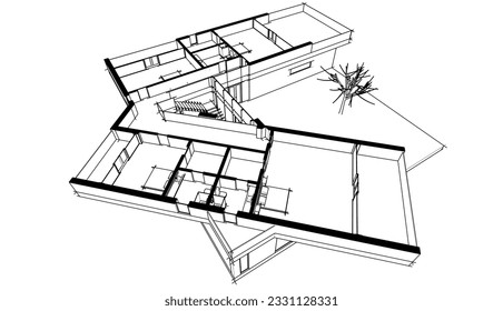 Modern house sketch 3d rendering