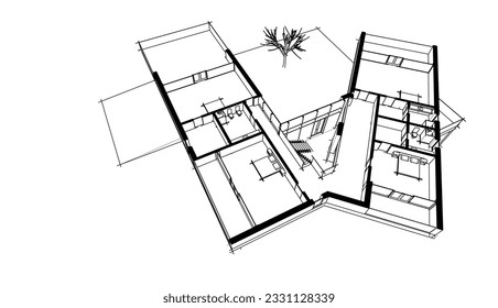 Modern house sketch 3d rendering
