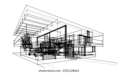 Modern house sketch 3d rendering