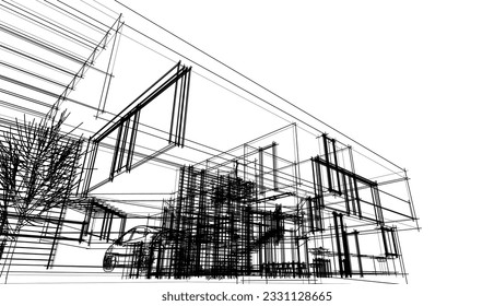 Representación en 3d del sketch de la casa moderna