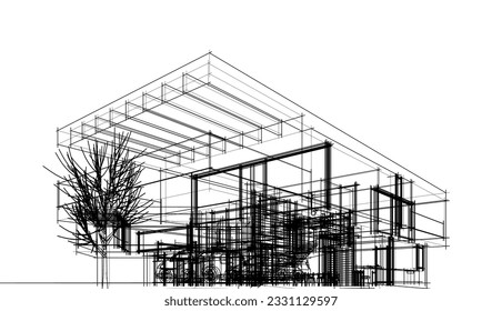 Modern house sketch 3d rendering