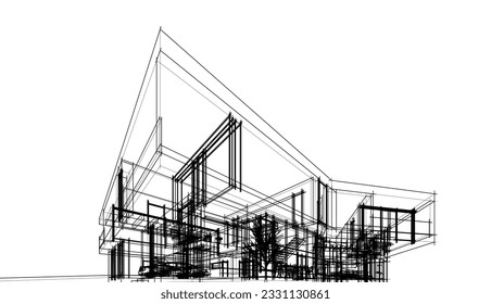 Representación en 3d del sketch de la casa moderna