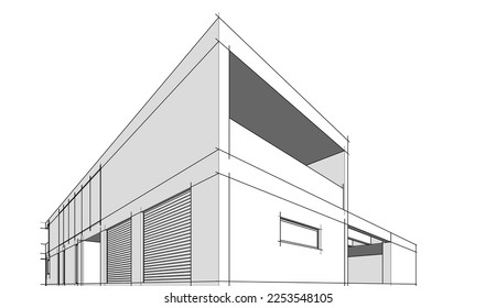 Modern house sketch architectural 3d illustration