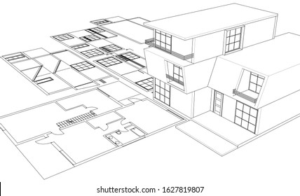 modern house sketch plan 3d illustration