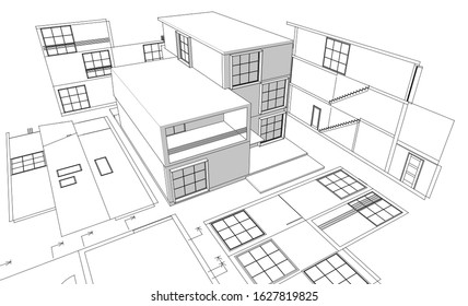 modern house sketch plan 3d illustration