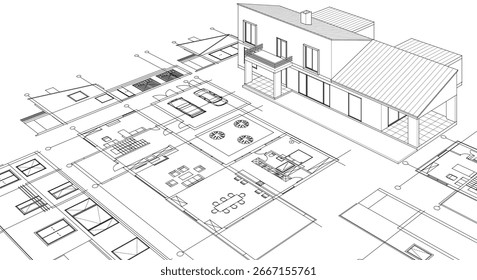 ilustración 3D de Plan de boceto de casa moderna	