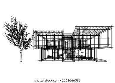 Modern house sketch vector 3d illustration