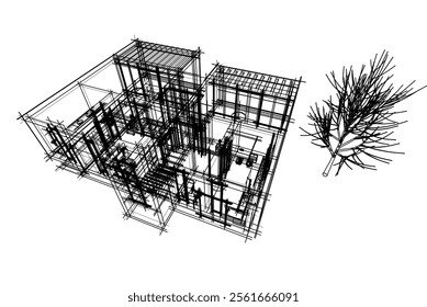 Modern house sketch vector 3d illustration