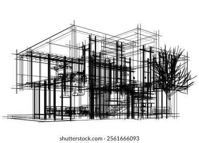 Modern house sketch vector 3d illustration