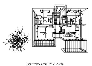 Modern house sketch vector 3d illustration