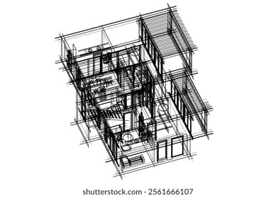 Modern house sketch vector 3d illustration