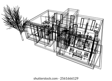 Modern house sketch vector 3d illustration