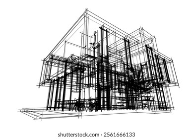 Modern house sketch vector 3d illustration